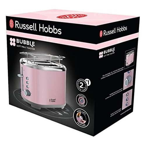  Russell Hobbs Toaster Bubble rosa, 2 extra breite Toastschlitze, inkl. Broetchenaufsatz, 6 einstellbare Braunungsstufen + Auftau- & Aufwarmfunktion, Schnell-Toast-Technologie, 930W,