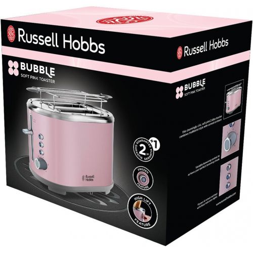  Russell Hobbs Toaster Bubble rosa, 2 extra breite Toastschlitze, inkl. Broetchenaufsatz, 6 einstellbare Braunungsstufen + Auftau- & Aufwarmfunktion, Schnell-Toast-Technologie, 930W,