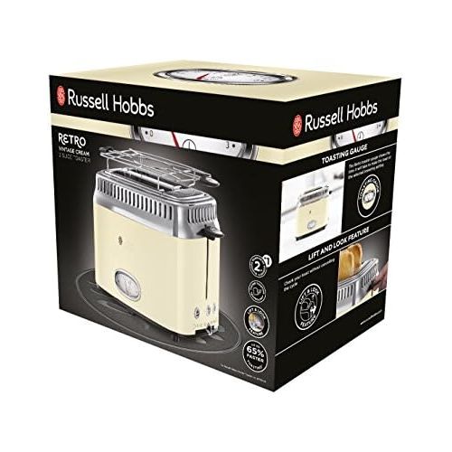  Russell Hobbs Toaster Retro creme, Retro Countdown-Anzeige, inkl. Broetchenaufsatz, 6 einstellbare Braunungsstufen + Auftau- & Aufwarmfunktion, Schnell-Toast-Technologie, 1300W, Vin