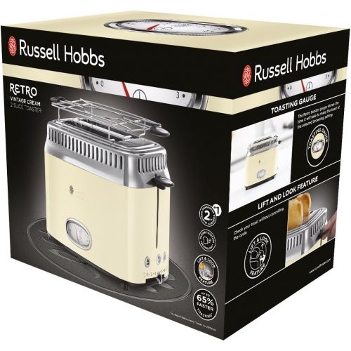  Russell Hobbs Toaster Retro creme, Retro Countdown-Anzeige, inkl. Broetchenaufsatz, 6 einstellbare Braunungsstufen + Auftau- & Aufwarmfunktion, Schnell-Toast-Technologie, 1300W, Vin