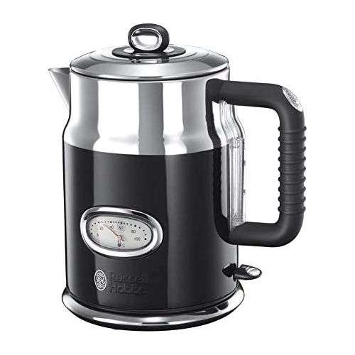  Russell Hobbs Wasserkocher, Retro schwarz, 1,7l, 2400W, Schnellkochfunktion, Wassertemperaturanzeige im Retrodesign, Fuellmengenmarkierung, optimierte Ausgusstuelle, Vintage Teekoche