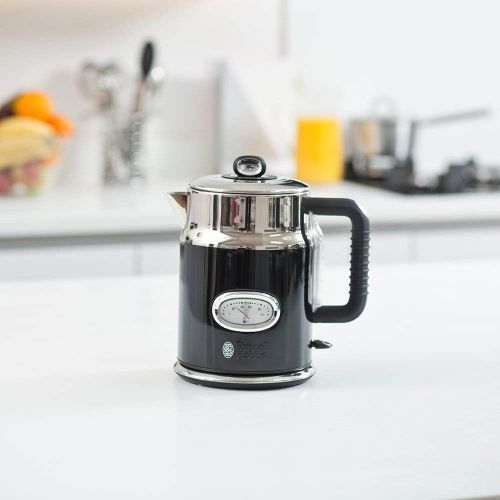  Russell Hobbs Wasserkocher, Retro schwarz, 1,7l, 2400W, Schnellkochfunktion, Wassertemperaturanzeige im Retrodesign, Fuellmengenmarkierung, optimierte Ausgusstuelle, Vintage Teekoche