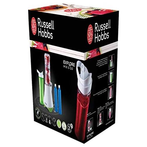  Russell Hobbs Standmixer Mix&Go Cool, inkl. 2 BPA-freie & spuelmaschinenfeste Trinkflaschen (je 600ml), Deckel + Kuehlakkus, 22.300 U/min, elektrischer Zerkleinerer, Mixer, Smoothie-