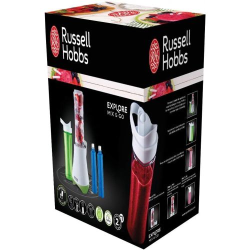  Russell Hobbs Standmixer Mix&Go Cool, inkl. 2 BPA-freie & spuelmaschinenfeste Trinkflaschen (je 600ml), Deckel + Kuehlakkus, 22.300 U/min, elektrischer Zerkleinerer, Mixer, Smoothie-