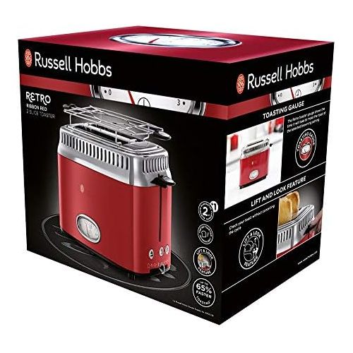  Russell Hobbs Toaster Retro rot, Countdown-Anzeige im Retrodesign, inkl. Broetchenaufsatz, 6 einstellbare Braunungsstufen + Auftau- & Aufwarmfunktion, Schnell-Toast-Technologie, 130