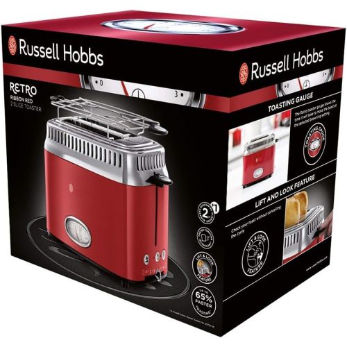  Russell Hobbs Toaster Retro rot, Countdown-Anzeige im Retrodesign, inkl. Broetchenaufsatz, 6 einstellbare Braunungsstufen + Auftau- & Aufwarmfunktion, Schnell-Toast-Technologie, 130