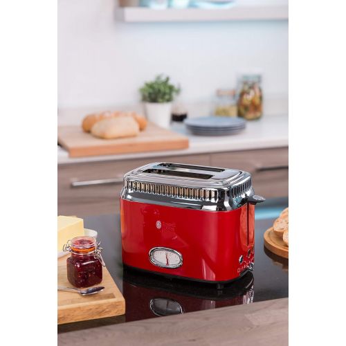  Russell Hobbs Toaster Retro rot, Countdown-Anzeige im Retrodesign, inkl. Broetchenaufsatz, 6 einstellbare Braunungsstufen + Auftau- & Aufwarmfunktion, Schnell-Toast-Technologie, 130