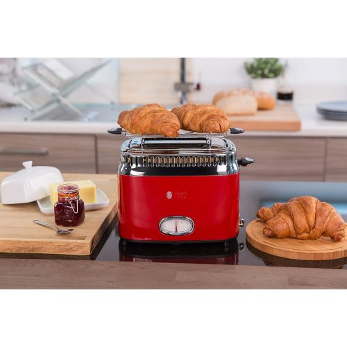  Russell Hobbs Toaster Retro rot, Countdown-Anzeige im Retrodesign, inkl. Broetchenaufsatz, 6 einstellbare Braunungsstufen + Auftau- & Aufwarmfunktion, Schnell-Toast-Technologie, 130