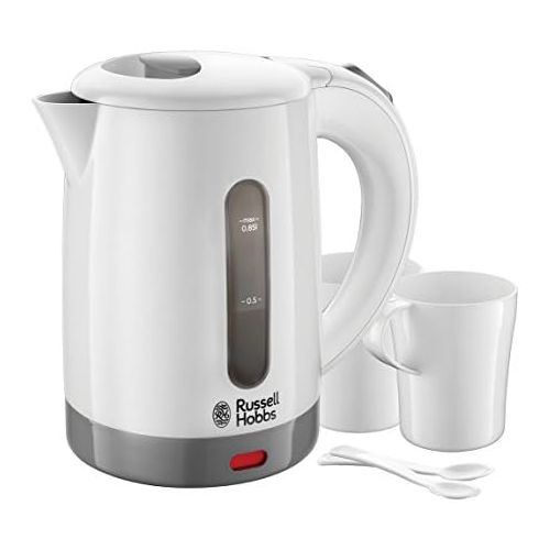  Russell Hobbs Travel Wasserkocher, 0,85l, 1000W, weltweite Spannungsanpassung, inkl. 2 Tassen & 2 Teeloeffel, optimierte Ausgusstuelle, kompakter kleiner Reisewasserkocher, mini Teek