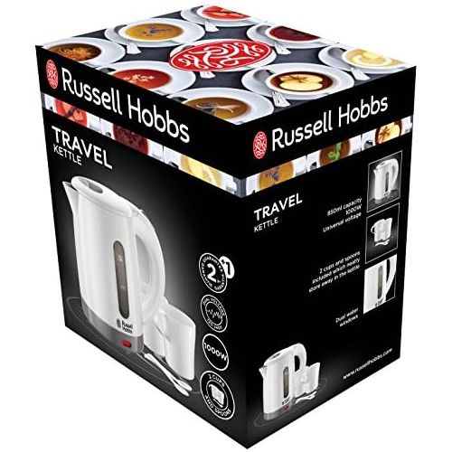  Russell Hobbs Travel Wasserkocher, 0,85l, 1000W, weltweite Spannungsanpassung, inkl. 2 Tassen & 2 Teeloeffel, optimierte Ausgusstuelle, kompakter kleiner Reisewasserkocher, mini Teek