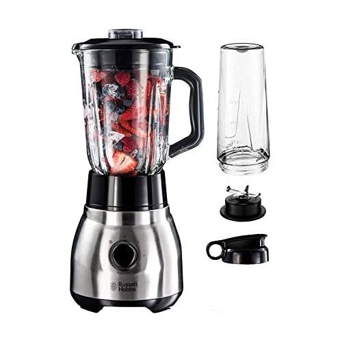  Russell Hobbs Standmixer Glas Steel 2-in-1, inkl. To-Go-Becher & Deckel, 1.5l Glasbehalter, Mixer 0.8 PS-Motor, Impuls-/Ice-Crush Funktion, mini Smoothie-Maker 23821-56