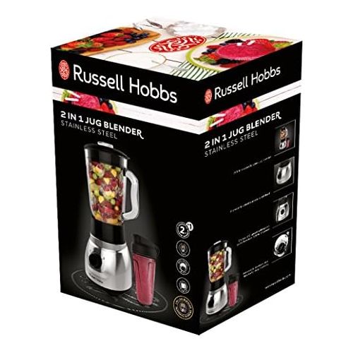  Russell Hobbs Standmixer Glas Steel 2-in-1, inkl. To-Go-Becher & Deckel, 1.5l Glasbehalter, Mixer 0.8 PS-Motor, Impuls-/Ice-Crush Funktion, mini Smoothie-Maker 23821-56