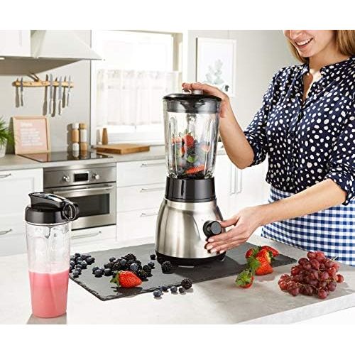  Russell Hobbs Standmixer Glas Steel 2-in-1, inkl. To-Go-Becher & Deckel, 1.5l Glasbehalter, Mixer 0.8 PS-Motor, Impuls-/Ice-Crush Funktion, mini Smoothie-Maker 23821-56