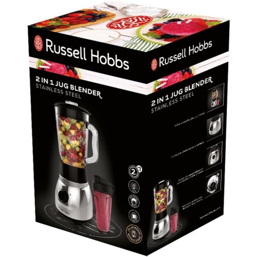  Russell Hobbs Standmixer Glas Steel 2-in-1, inkl. To-Go-Becher & Deckel, 1.5l Glasbehalter, Mixer 0.8 PS-Motor, Impuls-/Ice-Crush Funktion, mini Smoothie-Maker 23821-56