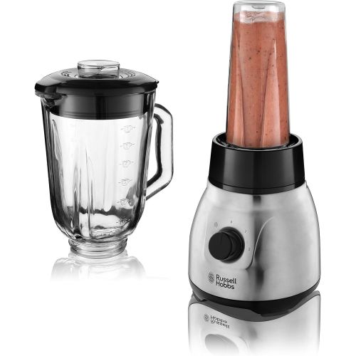  Russell Hobbs Standmixer Glas Steel 2-in-1, inkl. To-Go-Becher & Deckel, 1.5l Glasbehalter, Mixer 0.8 PS-Motor, Impuls-/Ice-Crush Funktion, mini Smoothie-Maker 23821-56