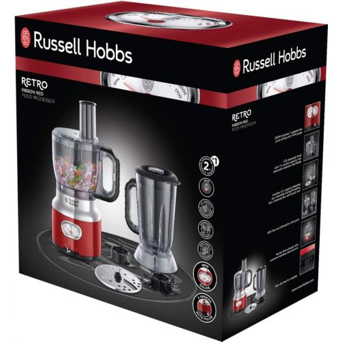  Russell Hobbs Kuechenmaschine Retro rot, Retro-Anzeige, Standmixeraufsatz, Ruehrschuessel, Edelstahlscheibe (Schneiden&Raspeln), Teigwerkzeug, 850W Zerkleinerer, kompakter vintage Foo