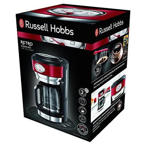  Russell Hobbs Kaffeemaschine Retro rot, bis 10 Tassen, 1,25l Glaskanne, Brueh- & Warmhalteanzeige im Retrodesign, Abschaltautomatik, Warmhalteplatte, 1000W, Vintage Filterkaffeemasc