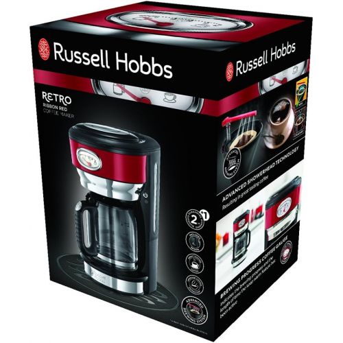  Russell Hobbs Kaffeemaschine Retro rot, bis 10 Tassen, 1,25l Glaskanne, Brueh- & Warmhalteanzeige im Retrodesign, Abschaltautomatik, Warmhalteplatte, 1000W, Vintage Filterkaffeemasc