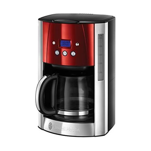  Russell Hobbs Digitale Kaffeemaschine Luna rot, bis 12 Tassen, 1,5l Glaskanne, programmierbarer Timer, Warmhalteplatte, Abschaltautomatik, 1000W, Filterkaffeemaschine 23240-56