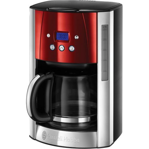  Russell Hobbs Digitale Kaffeemaschine Luna rot, bis 12 Tassen, 1,5l Glaskanne, programmierbarer Timer, Warmhalteplatte, Abschaltautomatik, 1000W, Filterkaffeemaschine 23240-56