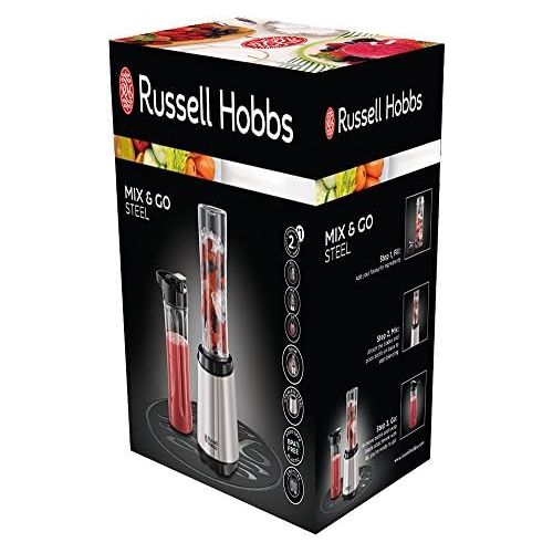  Russell Hobbs Standmixer Mix&Go Steel, inkl. 2 BPA-freie & spuelmaschinenfeste Tritan Trinkflaschen + Deckel (600ml), 23.500 U/min, elektrischer Zerkleinerer, Mixer, kompakter Smoot