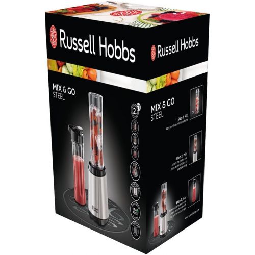  Russell Hobbs Standmixer Mix&Go Steel, inkl. 2 BPA-freie & spuelmaschinenfeste Tritan Trinkflaschen + Deckel (600ml), 23.500 U/min, elektrischer Zerkleinerer, Mixer, kompakter Smoot
