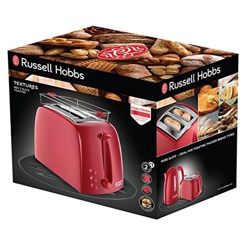  Russell Hobbs Toaster Textures rot, 2 extra breite Toastschlitze, inkl. Broetchenaufsatz, 6 einstellbare Braunungsstufe + Auftau- & Aufwarmfunktion, 850W, 21642-56