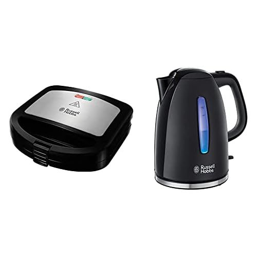  [아마존베스트]Russell Hobbs Cook@Home 24530-56 Sandwich Toaster Black & Kettle Textures+, 1.7 L, 2400 W, LED Lighting, Removable Limescale Filter, Tea Maker Black [Energy Class A++]