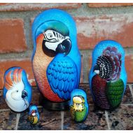 /RussianTraditions Parrot on Five Russian Nesting Dolls. Small. Hand Painted. Birds.