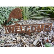 RustyRoosterMetalArt Welcome Sign with Robin Garden Decoration  Rusty Metal Welcome Sign Bird Gift  Gift for Mum  Welcome Sign Gift  Garden Planter Sign