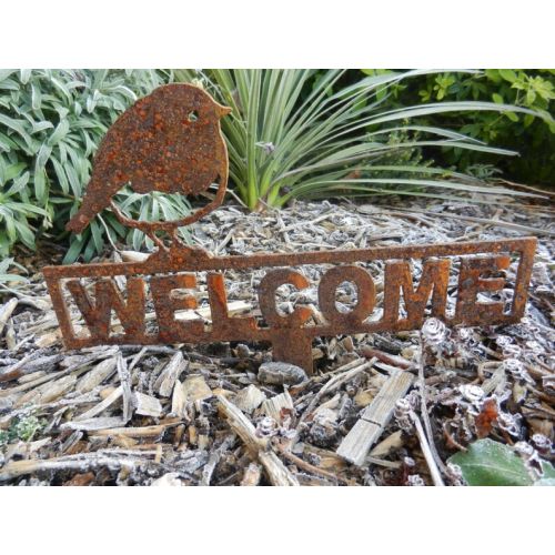  RustyRoosterMetalArt Welcome Sign with Robin Garden Decoration  Rusty Metal Welcome Sign Bird Gift  Gift for Mum  Welcome Sign Gift  Garden Planter Sign