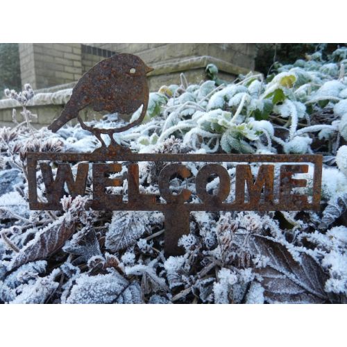  RustyRoosterMetalArt Welcome Sign with Robin Garden Decoration  Rusty Metal Welcome Sign Bird Gift  Gift for Mum  Welcome Sign Gift  Garden Planter Sign