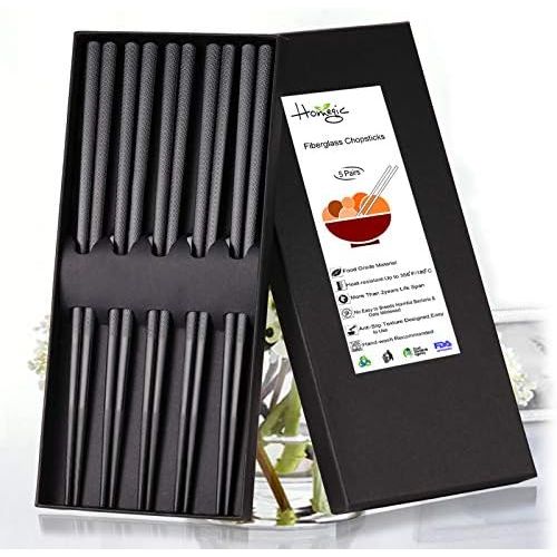  [아마존베스트]Ryangic Chopsticks Reusable 5-Pairs Chop Sticks Anti-Slip Textured Tip Reusable Chopsticks Dishwasher Safe Fiberglass Chopsticks Set with Box for Household Restaurant- Black 9-1/2 Inch (Lu