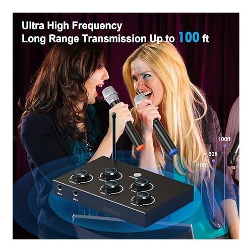  DIGITNOW!Portable Karaoke Microphone Mixer System Set, with Dual UHF Wireless Mic, HDMI-ARC/Optical/AUX & HDMI In/Out in Singing Receiver for Smart TV, PC, KTV, Home Theater, Amplifier, Speaker