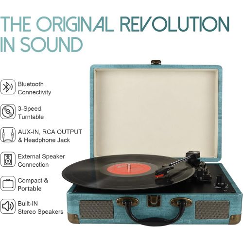  Rybozen Suitcase Vinyl Player Bluetooth Turntable Vinyl Record Player with Speakers 3 Speed Belt Driven Vintage Record Player Vinyl Turntable for Entertainment AUX in RCA Out Headphone Jac