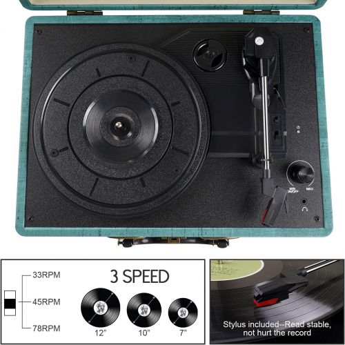  Rybozen Suitcase Vinyl Player Bluetooth Turntable Vinyl Record Player with Speakers 3 Speed Belt Driven Vintage Record Player Vinyl Turntable for Entertainment AUX in RCA Out Headphone Jac