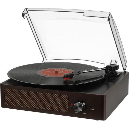  [아마존베스트]Rybozen Record Player Bluetooth Belt-Driven 3-Speed Turntable, Vintage Vinyl Record Players Built-in Stereo Speakers, with Headphone Jack/Aux Input/RCA Line Out, Brown Wooden