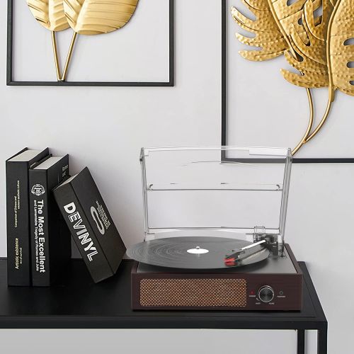  [아마존베스트]Rybozen Record Player Bluetooth Belt-Driven 3-Speed Turntable, Vintage Vinyl Record Players Built-in Stereo Speakers, with Headphone Jack/Aux Input/RCA Line Out, Brown Wooden