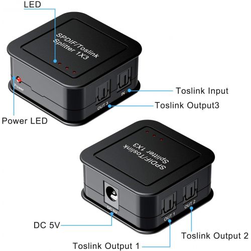  Rybozen Digital Optical Audio 1x3 Splitter Digital SPDIF Toslink Optical Fiber Audio Splitter 1 in 3 Out Aluminum Alloy with Optical Cable Support 5.1CH Dolby-AC3 DTS for PS3 Blue-Ray DVD