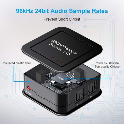  Rybozen Digital Optical Audio 1x3 Splitter Digital SPDIF Toslink Optical Fiber Audio Splitter 1 in 3 Out Aluminum Alloy with Optical Cable Support 5.1CH Dolby-AC3 DTS for PS3 Blue-Ray DVD