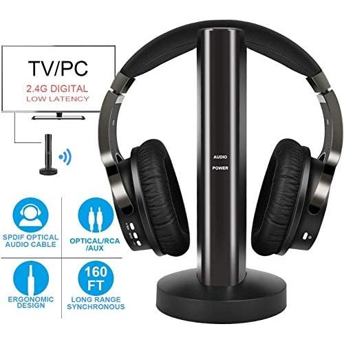  [아마존베스트]Rybozen TV Wireless Headphones, Over-Ear Wireless Headphones with 2.4 GHz Digital Charging Station for TV, HiFi DVD, Transmitter with Optical and Aux Port