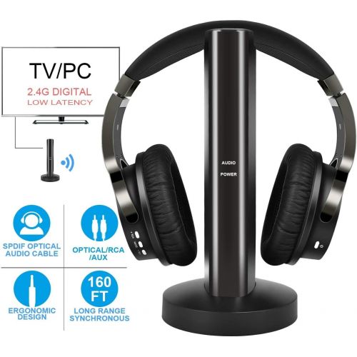  [아마존베스트]Rybozen TV Wireless Headphones, Over-Ear Wireless Headphones with 2.4 GHz Digital Charging Station for TV, HiFi DVD, Transmitter with Optical and Aux Port