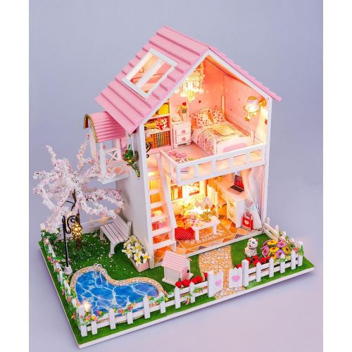  Rylai 3D Puzzles Wooden Handmade Miniature Dollhouse DIY Kit w/ Light -Under The Sakura Series Dollhouses Accessories Dolls Houses with Furniture & LED & Music Box Best Xmas Gift