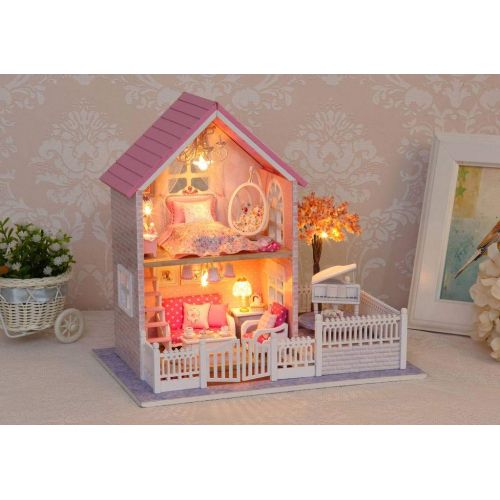  Rylai 3D Puzzles Wooden Handmade Miniature Dollhouse DIY Kit w/ Light-Pink Cherry Blossoms Series Dollhouses Accessories Dolls Houses with Furniture & LED & Music Box Best Xmas Gif