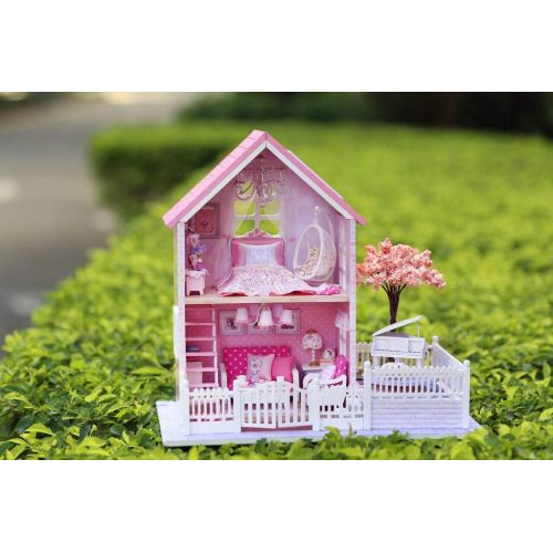  Rylai 3D Puzzles Wooden Handmade Miniature Dollhouse DIY Kit w/ Light-Pink Cherry Blossoms Series Dollhouses Accessories Dolls Houses with Furniture & LED & Music Box Best Xmas Gif
