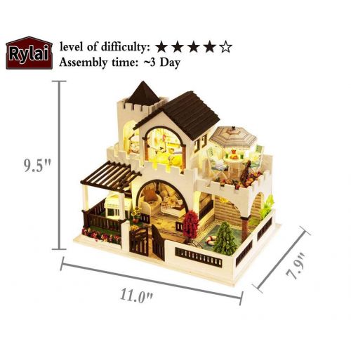  Rylai 3D Puzzles Wooden Handmade Miniature Dollhouse DIY Kit w/ Light -My Dream Castle Series Dollhouses Accessories Dolls Houses with Furniture & LED & Music Box Best Xmas Gift