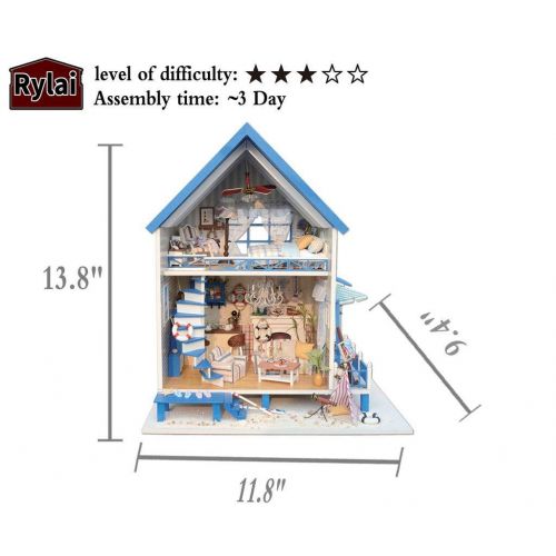  Rylai 3D Puzzles Wooden Handmade Miniature Dollhouse DIY Kit w/ Light -Romantic Aegean Sea Series Dollhouses Accessories Dolls Houses with Furniture & LED & Music Box Best Xmas Gif