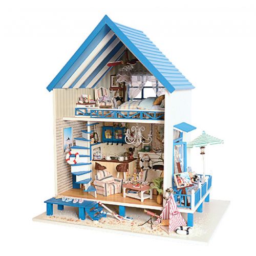  Rylai 3D Puzzles Wooden Handmade Miniature Dollhouse DIY Kit w/ Light -Romantic Aegean Sea Series Dollhouses Accessories Dolls Houses with Furniture & LED & Music Box Best Xmas Gif