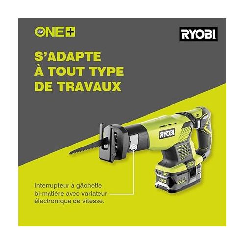  RYOBI - Reciprocating Saw 18V ONE+ (without Battery or Charger) - Blade Stroke 22 mm - Cutting Capacity 18 cm - Adjustable Shoe, Gripzone Grip, Anti-Vibration - Blade Change without Tool - RRS1801M