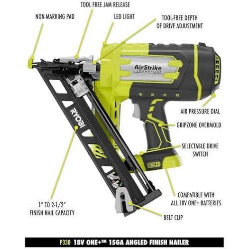  Ryobi P330 18V ONE+ Angled 15 Ga Finish Nailer Battery and Charger Not Included